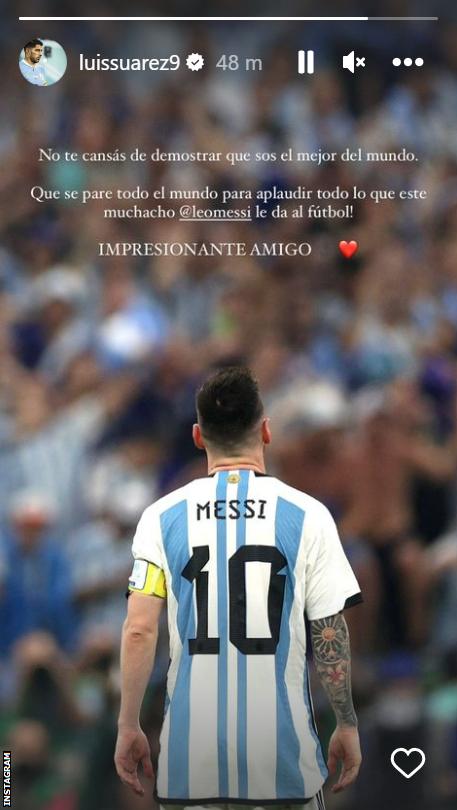 Luis Suarez's Instagram post praising Messi