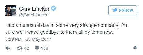 Gary Lineker on Twitter: Had an unusual day in some very strange company. I'm sure we'll wave goodbye to them all by tomorrow.