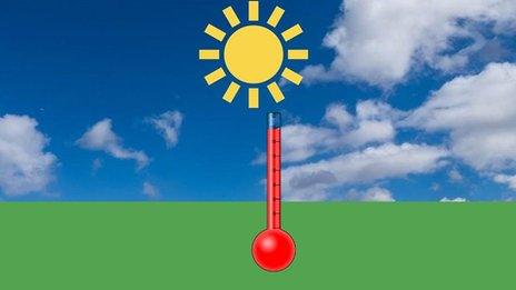 BBC Weather sunshine symbol above a red thermometer