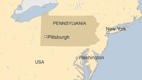 Map shows Pittsburgh in the US state of Pennsylvania