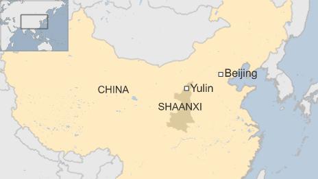 A map showing the city of Yulin, shown in the Shannxi province of China