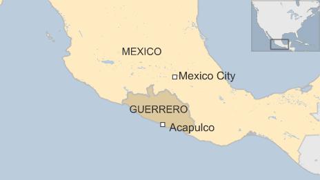 Map showing location of Guerrero state and Acapulco city in south east of Mexico