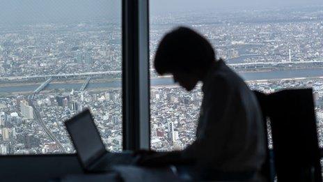 Japanese worker with Tokyo skyline