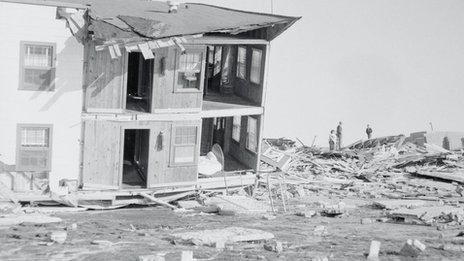 Destroyed buildings at Myrtle Beach, South Carolina after Hurricane Hazel hit in October 1954.