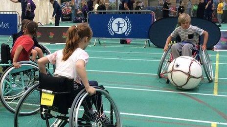 Children participate in events at the Arriva Trains Wales Wheelchair Sports Spectacular at Cardiff Metropolitan University