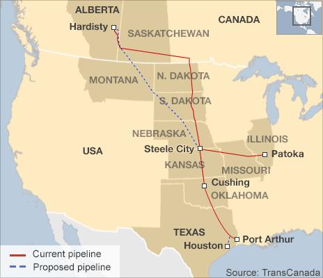 The proposed route of the Keystone XL oil pipeline, from the Canadian province of Alberta down to Nebraska