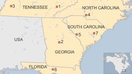 Map of US states where black churches have had fires recently - 1 July 2015