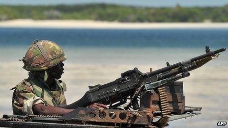 A Kenyan soldier keeps lookout on the coast in southern Somalia, December 2011
