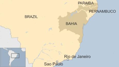 Map showing location of states of Bahia, Paraiba and Pernambuco in Brazil