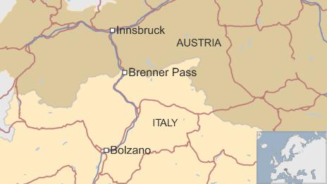 Карта расположения перевала Бреннер на границе между Италией и Австрией