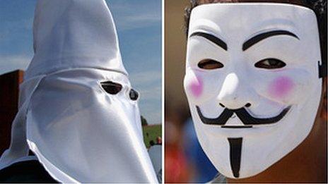 Composite image of KKK member and man in mask representing Anonymous hackers group