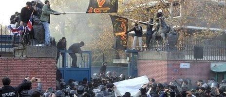 Protesters at the gates of the British embassy in Tehran, Iran, on 29 November 2011