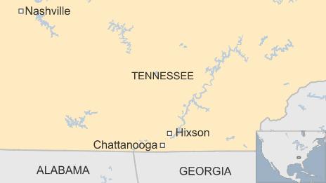 Map of Tennessee showing the city of Chattanooga and the nearby town of Hixson - 16 July 2015