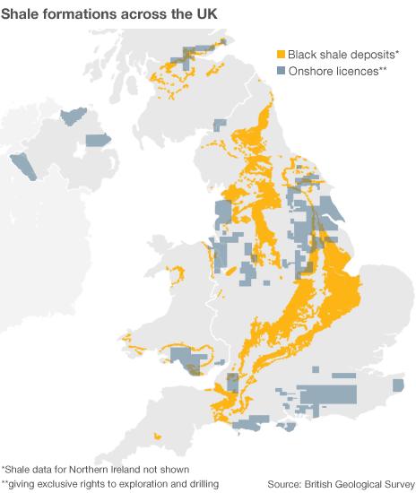 Map showing shale deposits across the UK