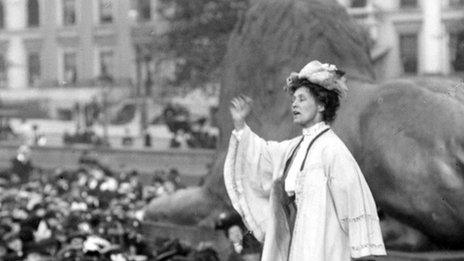 Emmeline Pankhurst at a meeting in London's Trafalgar Square, 1908