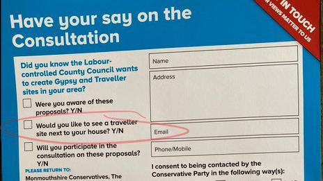 A leaflet, written by the Monmouthshire Conservatives, asking voters if they would like to see a traveller site next to their homes