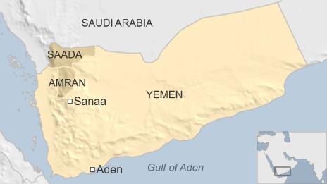 Map of Yemen showing location of Saada, Amran and Sanaa
