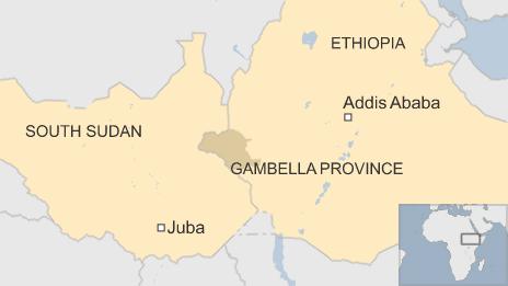 A map showing Gambella province in west Ethiopia