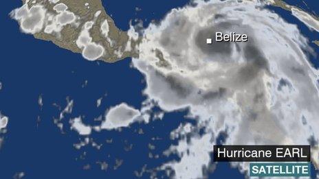 BBC Weather satellite showing Hurricane Earl over Belize