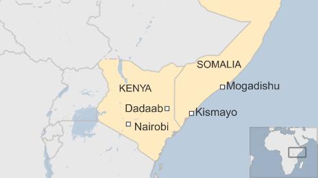 Map showing Dadaab in north-east Kenya and Kismayo in south-east Somalia