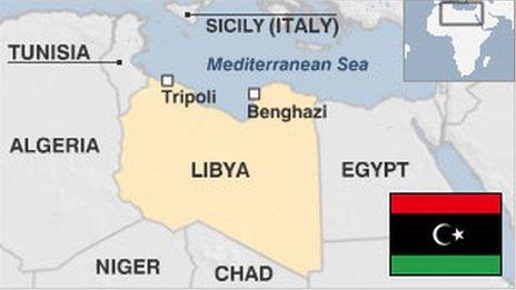 Map of Libya with pre-Gaddafi era flag