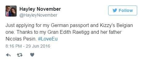Tweet saying: "Just applying for my German passport and Kizzy's Belgian one. Thanks to my Gran Edith Raetigg and her father Nicolas Pesin #LoveEU"
