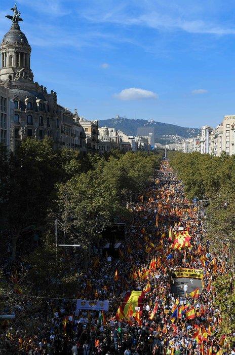 Supporters of Spanish unity attend a demonstration to call for co-existence in Catalonia and an end to separatism, in Barcelona, Spain, October 27, 2019
