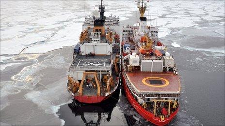The Canadian Coast Guard Ship Louis St-Laurent (R) ties up to the Coast Guard Cutter Healy in the Arctic Ocean - 5 Sept 2009. Copyright US Geological Survey.