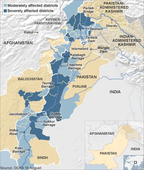 Map showing flood-affected areas of Pakistan