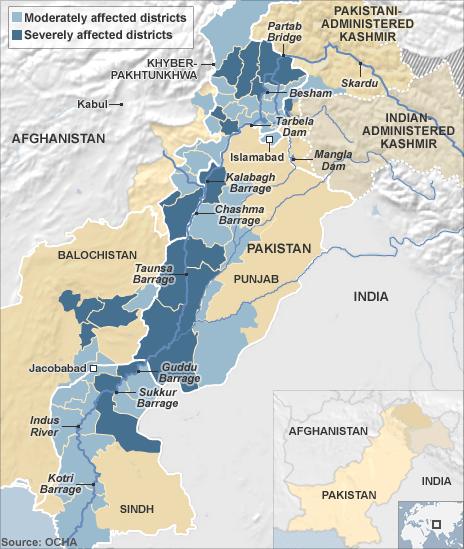 Map showing flood-affected areas of Pakistan - 20 August 2010