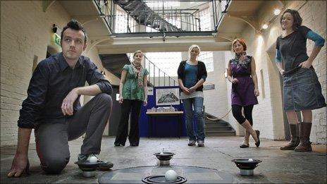 Artist Simon Proffitt at Ruthin’s Old Gaol with, from left, Cadwyn Clwyd’s Ceri Hughes and Cell co-ordinators Megan Broadmeadow, Rhian Haf and Julia Peat