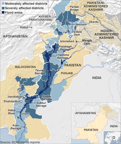 Map of Pakistan's flooded areas, 23 August 2010