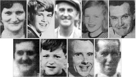 Nine people died when three bombs exploded in Claudy. From top left: Rose McLaughlin; Patrick Connolly; David Miller; Kathryn Eakin; Joseph McCluskey; Elizabeth McElhinney; William Temple; Arthur Hone and James McClelland.