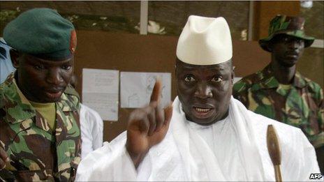 President Yahya Jammeh shows his finger after voting in 2006