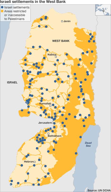Map: West Bank showing settlements and restricted areas