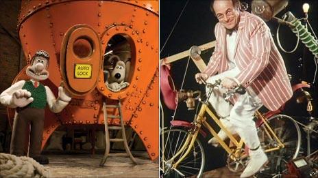 Wallace and Gromit in space rocket; Heinz Wolff on bike