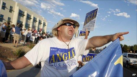 Supporters of Sharron Angle and Harry Reid