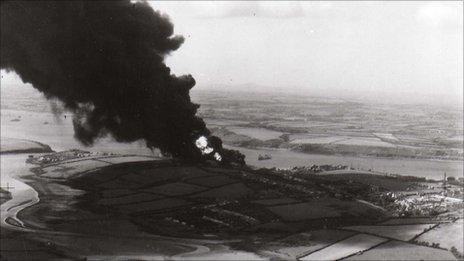 The fire at the oil depot in Pembroke Dock - Photo courtesy of the Pembroke Dock Sunderland Trust