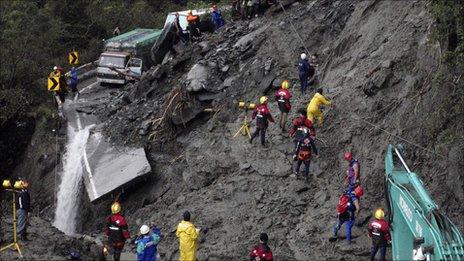 Rescue work on a landslide-hit highway in Taiwan on 22 October 2010