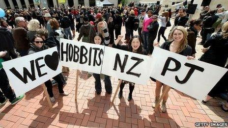 Hobbit supporters hold posters in support of the Hobbit movie at Civic Square on October 25, 2010 in Wellington, New Zealand