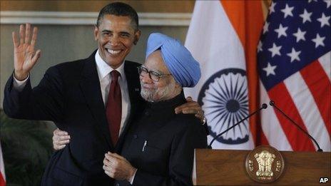 President Barack Obama and India's Prime Minister Manmohan Singh embrace after holding a joint news conference at Hyderabad House in New Delhi, India, 8 November 2010