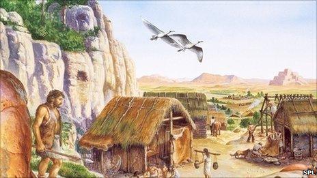 An artist's impression of what an early Neolithic settlement might have looked like, some 8,000 years ago