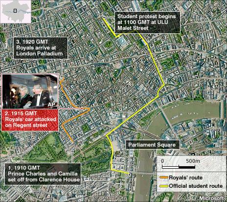 Map showing key events at student protest in London