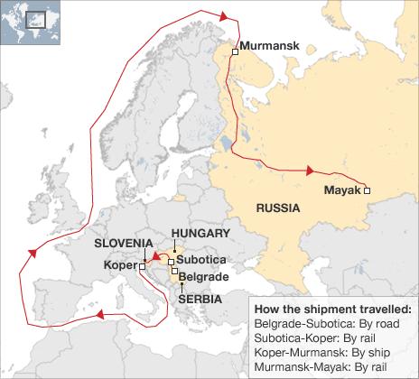 Map of route of nuclear shipment