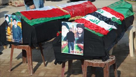 Coffins of Mehdi Army members at Friday prayers in Sadr City