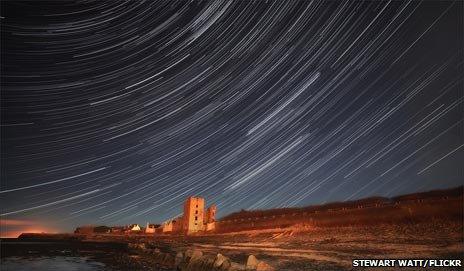 Star trails above Thurso Castle, Scotland