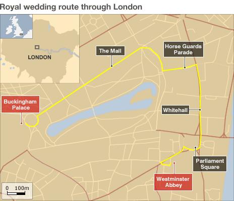 Map of route to be taken by Prince William and Kate Middleton after their marriage