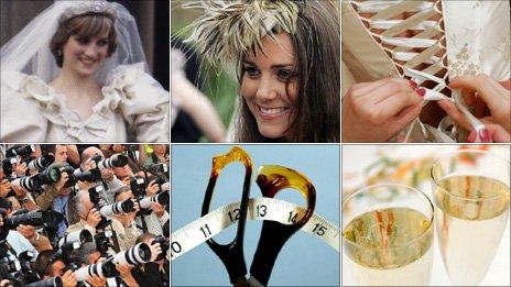 Diana, Princess of Wales; Kate Middleton; a wedding dress; champagne glasses; tailor's scissors; paparazzi