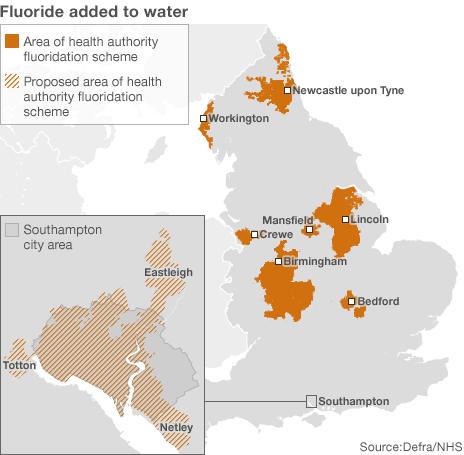 Map showing areas where fluoride is added to water