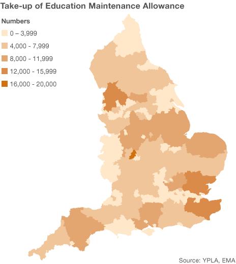 Map showing take-up of EMA around England